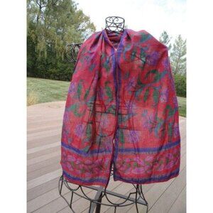 Vintage 1970’s Scarf Hand Dyed Floral Iris Pattern Red Purples Green 100% Cotton